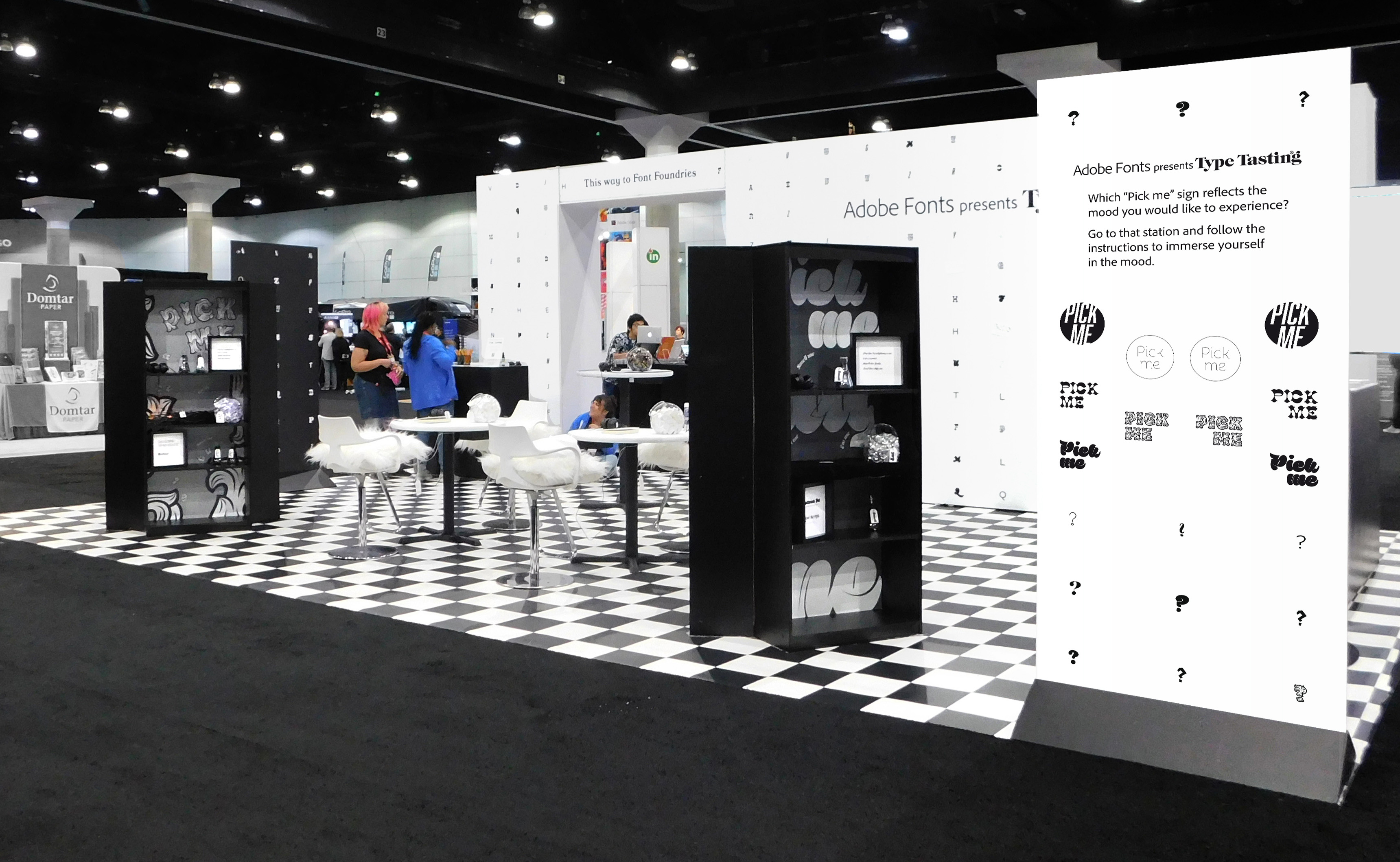 This is a multisensory installation featuring a selection of booths designed for participants to experience the emotional impact of type. Each booth immerses you in the mood of a typeface with sound, smell, texture and taste.